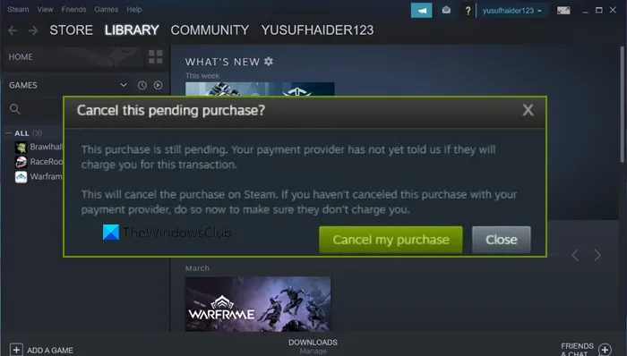 Erreur de transaction en attente dans Steam