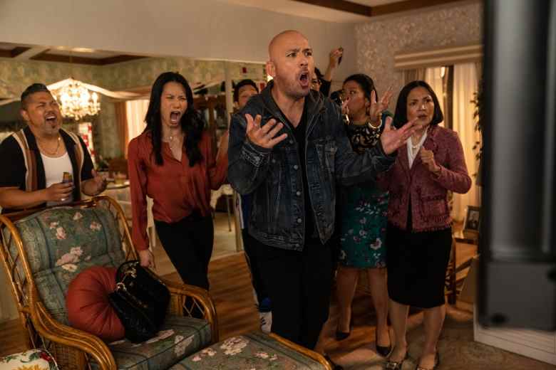 (from left) Tito Manny (Joey Guila), Regina (Elena Juatco), Eugene (Eugene Cordero), Joe Valencia (Jo Koy), Tita Teresa (Tia Carrere), Tita Yvonne (Melody Butiu) and Susan (Lydia Gaston) in Easter Sunday, directed by Jay Chandrasekhar.