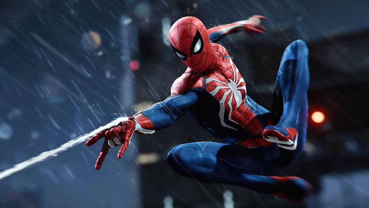 Spiderman webslinging in the rain