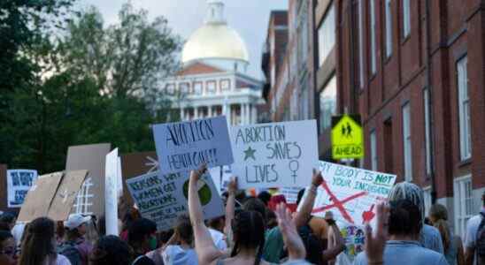 Demonstrators march while holding placards expressing their opinion during the rally. Following the Supreme Court's reversal of Roe V Wade, pro-choice rallies were held in cities across the United States. (Photo by Vincent Ricci / SOPA Images/Sipa USA)(Sipa via AP Images)