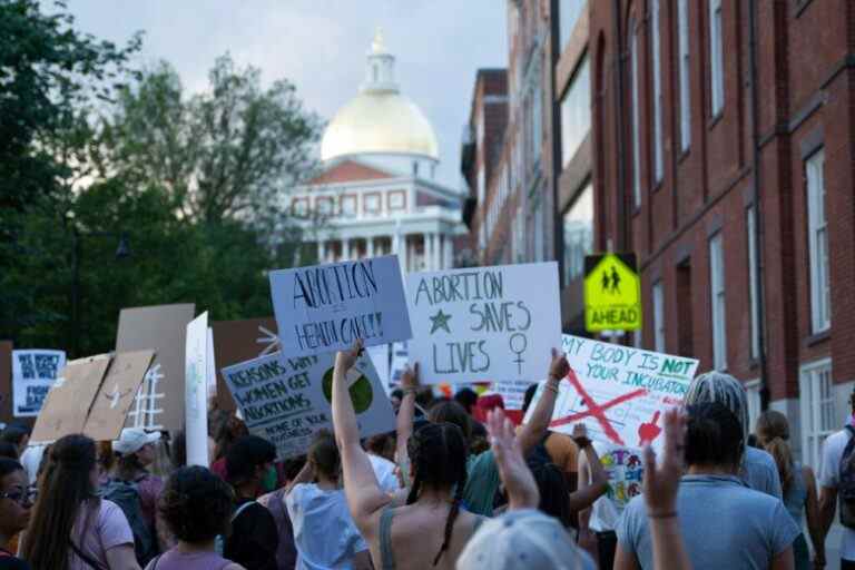 Demonstrators march while holding placards expressing their opinion during the rally. Following the Supreme Court's reversal of Roe V Wade, pro-choice rallies were held in cities across the United States. (Photo by Vincent Ricci / SOPA Images/Sipa USA)(Sipa via AP Images)