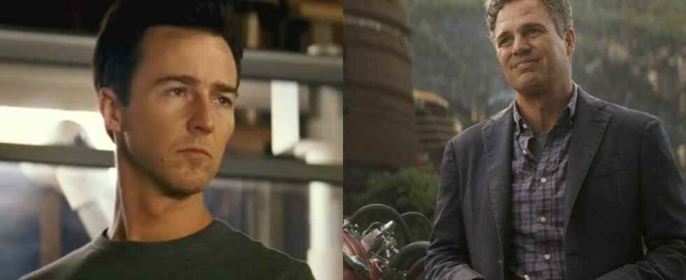 Left, Edward Norton in The Incredible Hulk, Right, Mark Ruffalo in Avengers: Infinity War