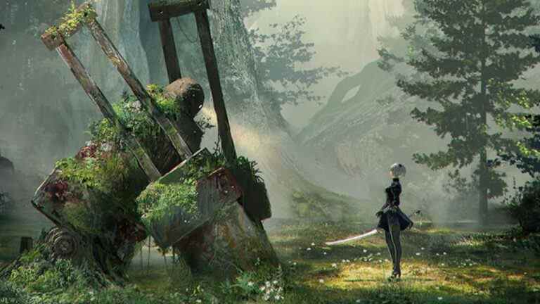 Nier Automata key art with 2B and a machine