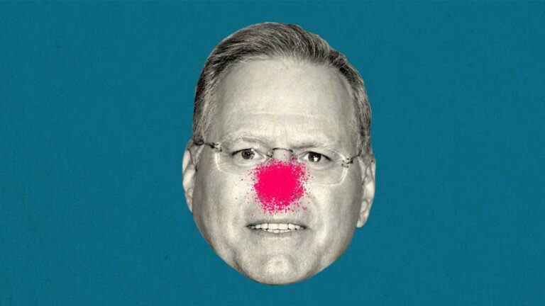 Photo illustration of David Zaslav with a clown nose spray painted on him