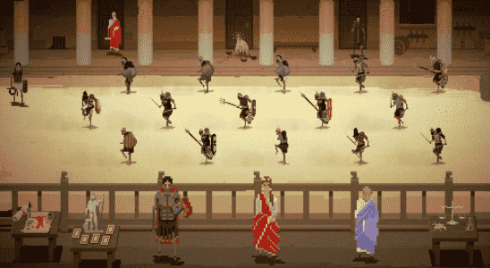 Screenshot from the videogame Domina, toga clad individuals overlooking arena battle.