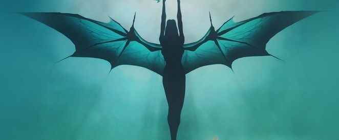 Silhouette of a succubus-type creature with bat wings and arms stretched overhead