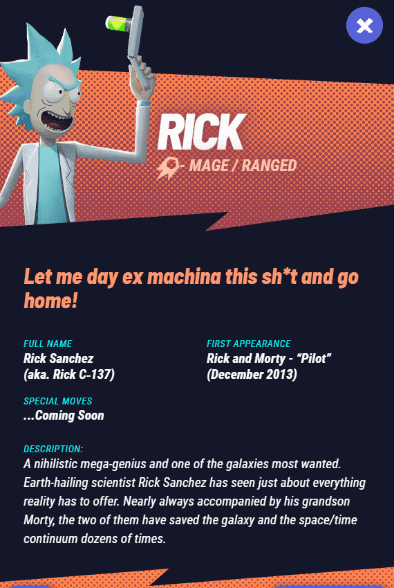 Profil de Rick Sanchez tel qu'indiqué sur Multiversus