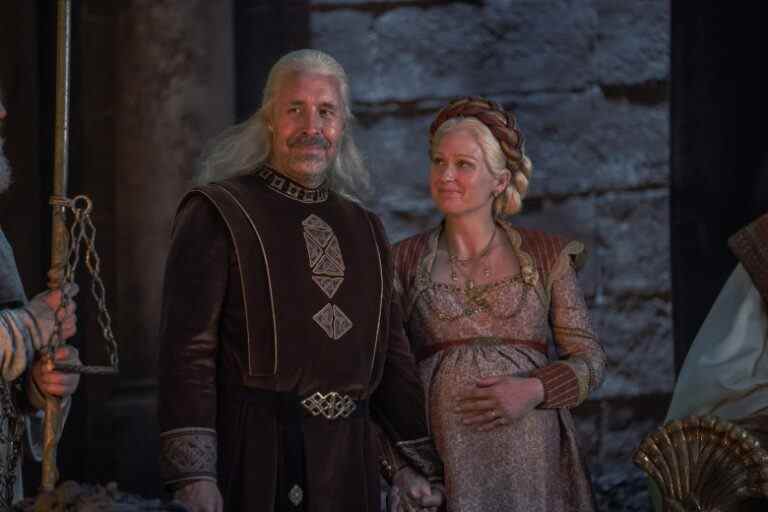 A man and pregnant woman with white-blonde hair in regal medieval garb; still from "House of the Dragon."