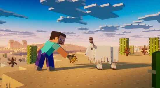 A Minecraft character trying to feed a goat in a desert