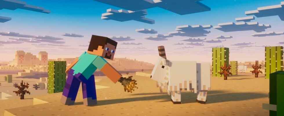 A Minecraft character trying to feed a goat in a desert