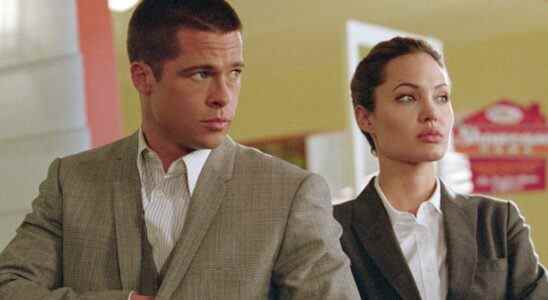 Brad Pitt and Angelina Jolie in suits in Mr. and Mrs. Smith