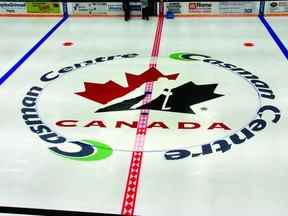 Le logo de Hockey Canada au centre de la glace.