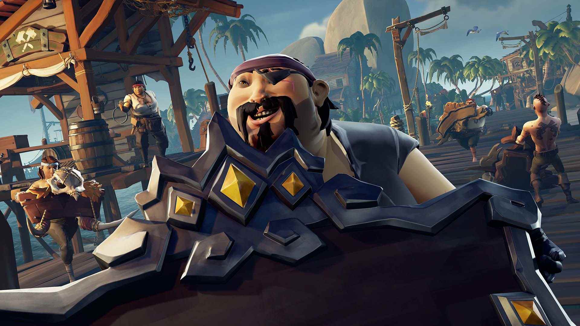 Un gros pirate avec une barbiche entouré d'amis dans Sea of ​​​​Thieves