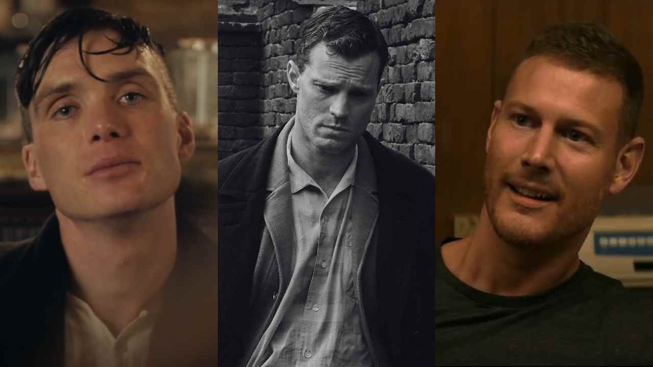 Cillian Murphy dans Peaky Blinders, Jamie Dornan à Belfast et Tom Hopper dans Resident Evil: Welcome to Raccoon City, photographiés côte à côte.