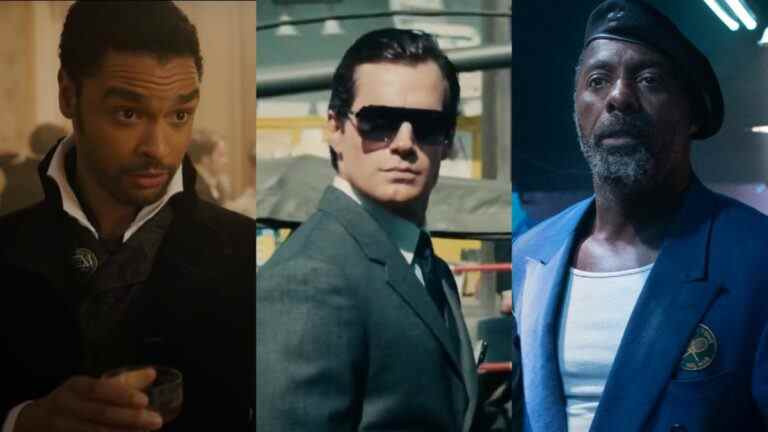 Regé-Jean Page in Bridgerton, Henry Cavill in The Man From UNCLE, and Idris Elba in The Suicide Squad, pictured side by side. 