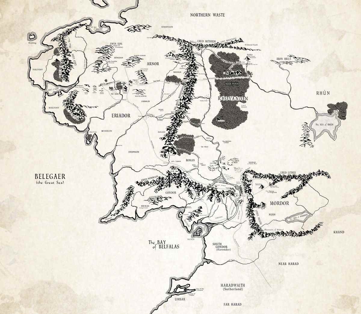 Une carte géante de la Terre du Milieu reflétant des lieux de la trilogie cinématographique tels que The Shire, Mines of Moria et Mordor