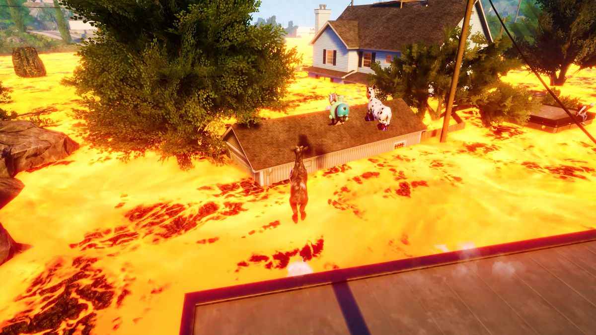 Un trio de chèvres joue à The Floor is Lava, sautant d'un toit de maison à l'autre dans Goat Simulator 3