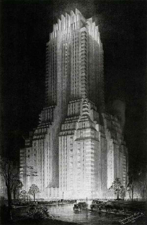 Une illustration de The Majestic Hotel par Hugh Ferriss, datée de 1930.