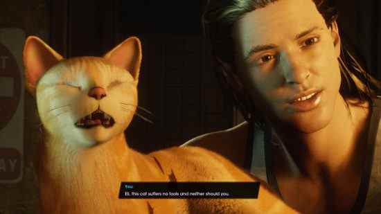 Revue de Saints Row : un chat miaule à côté du personnage principal