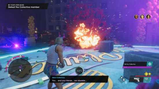 Revue de Saints Row: une explosion au loin est associée à un peu de gore alors que du sang de dessin animé vole dans les airs