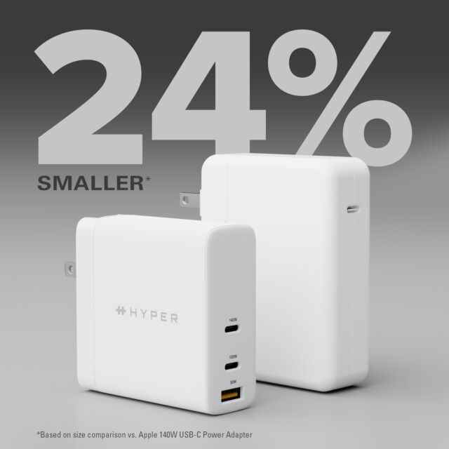 Les 140 W d'Hyper se comparent au chargeur original de 140 W d'Apple.