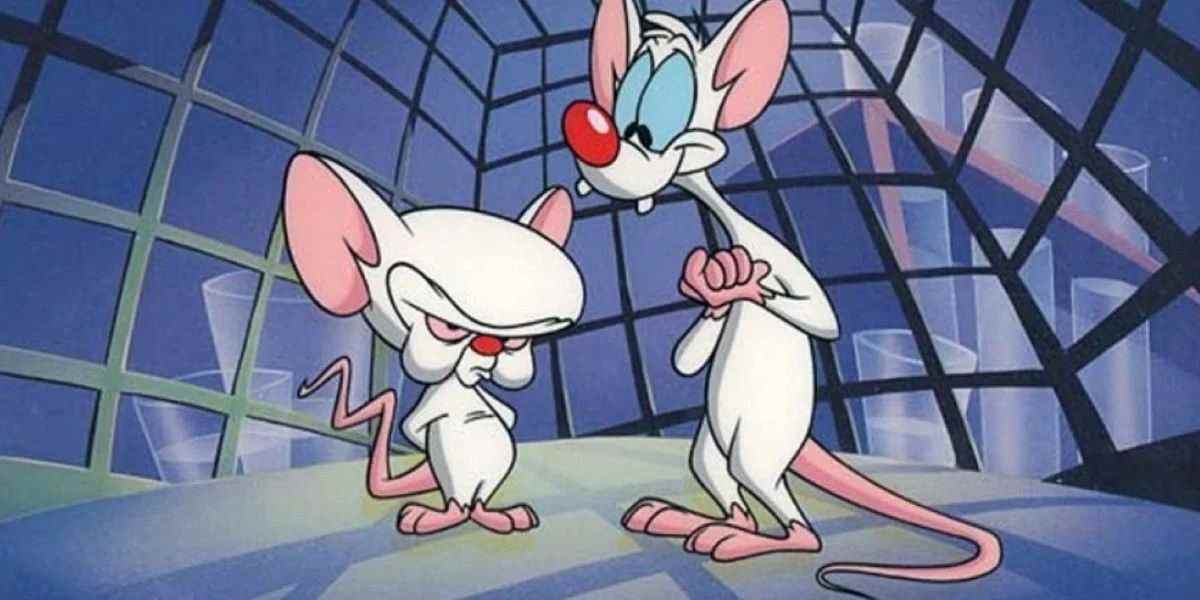 Art clé de Brain et Pinky de Pinky and the Brain, à l'intérieur d'un bâtiment qui ressemble à une cage de souris géante ou à une architecture expressionniste, selon votre point de vue.