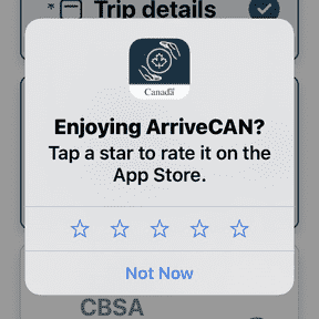 Cette invite, qui s'affiche pendant que les utilisateurs saisissent leurs détails ArriveCAN, ne nécessite qu'un seul clic sur l'une des étoiles pour qu'une « note » soit enregistrée.