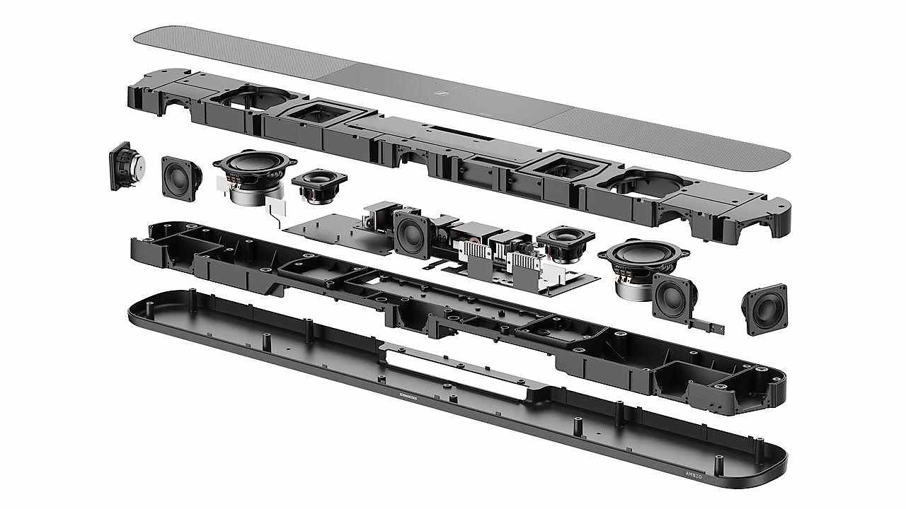 vue éclatée montrant Sennheiser Ambeo Soundbar Plus sur fond blanc