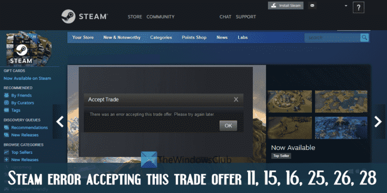 Erreur Steam lors de l’acceptation de cette offre d’échange 11, 15, 16, 25, 26, 28