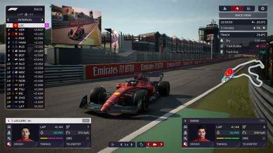 Revue F1 Manager 2022 : Vue cinématographique de la caméra de Charles Leclerc en tête de la course