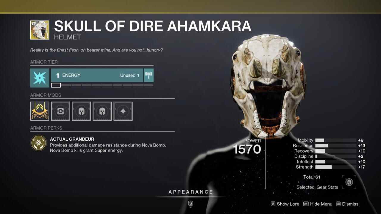 Les démonistes peuvent utiliser Skull of Dire Ahamkara pour survivre en lançant leurs Nova Bombs et pour les lancer plus souvent.