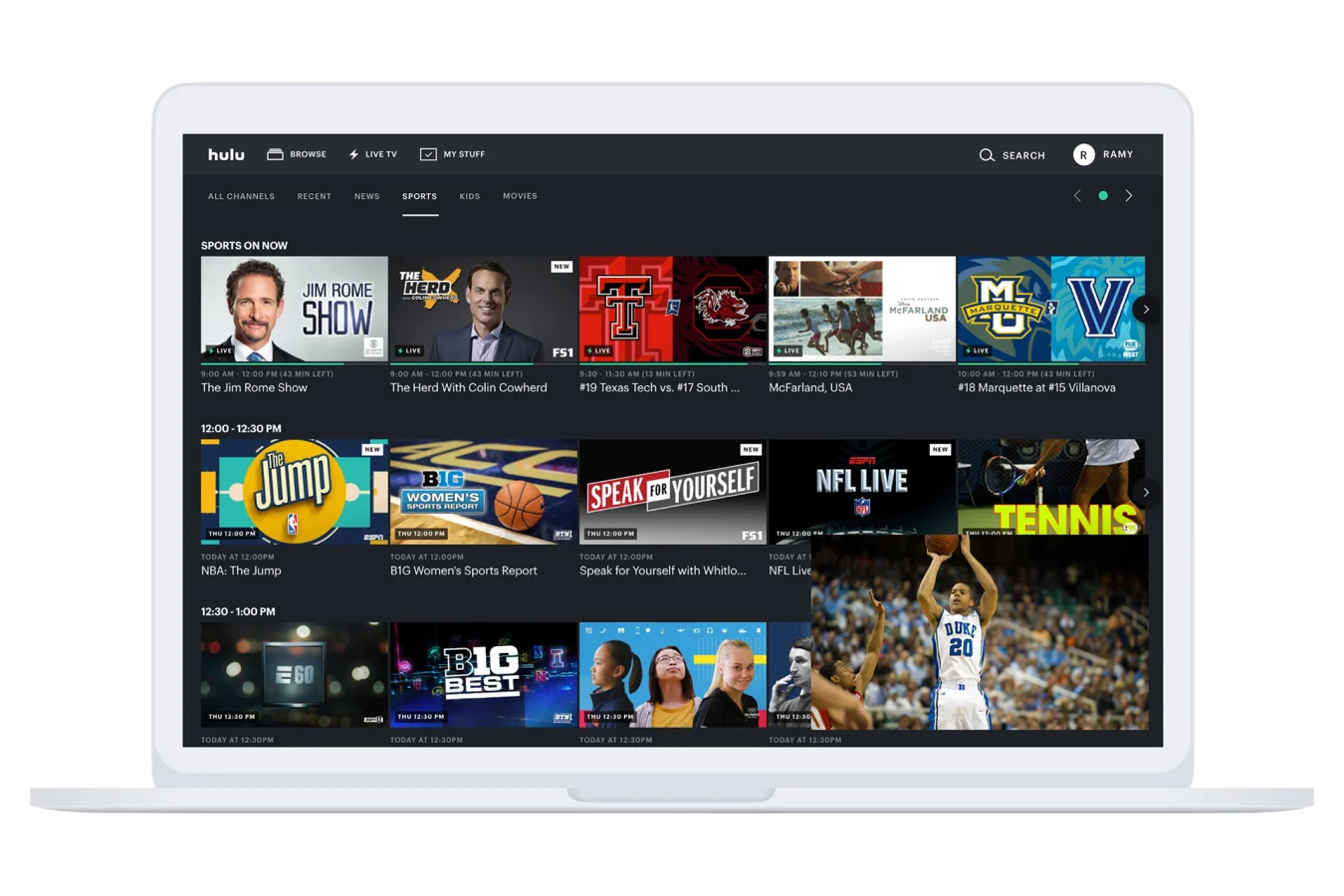 Hulu Live Guide avec sports