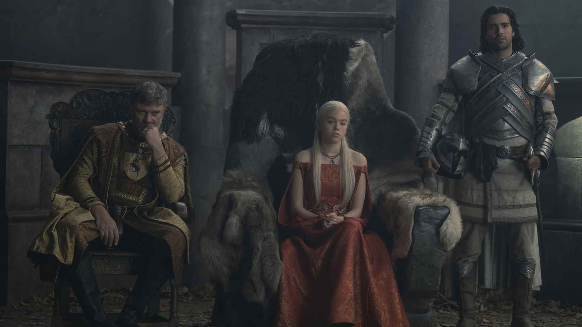 Les princes Rhaenyra sont assis sur un trône flanqué de Ser Criston Cole et Boremund Baratheon dans House of the Dragon épisode 4