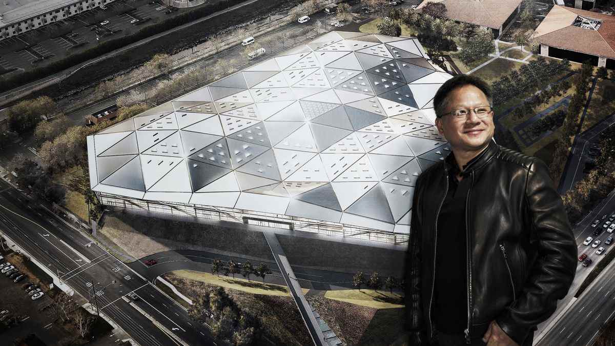 Nvidia CEO Jen-Hsun Huang in front of a render of Nvidia