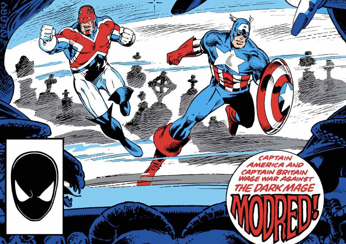 Captain Britain et Captain America posent de manière spectaculaire dans un cimetière sur la couverture de Captain America # 306 (TKTK).  « Captain America et Captain Britain font la guerre au mage noir Mordred !  déclare une légende.