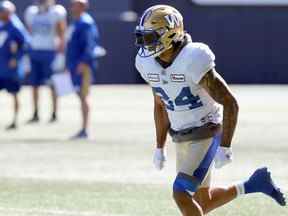 Le receveur large Brendan O'Leary-Orange parcourt sa route lors de l'entraînement des Blue Bombers de Winnipeg le mardi 13 septembre 2022.