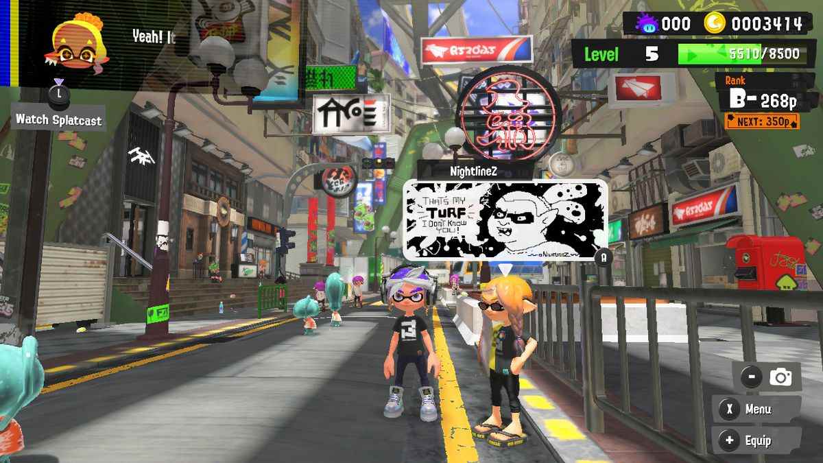 Un message au-dessus de l'avatar d'un joueur dans Splatoon 3. Il présente un personnage illustré disant : 