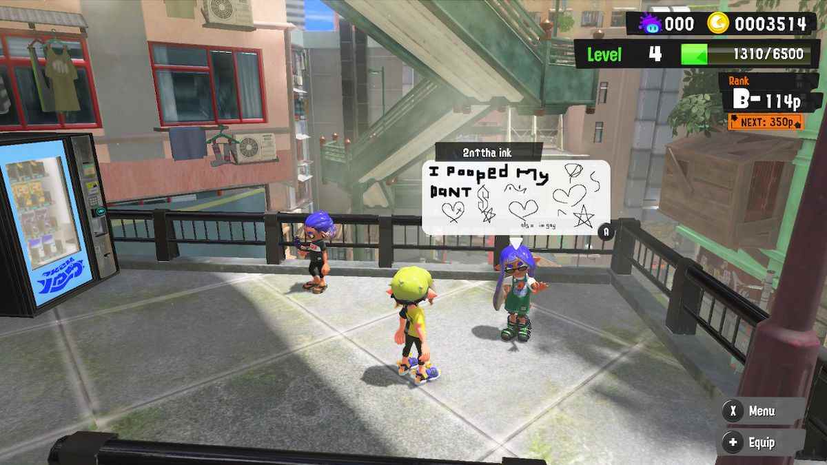 L'avatar d'un autre joueur dans la zone principale de Splatoon 3, Splatsville, affiche la publication de ce joueur.  Le message dit: 