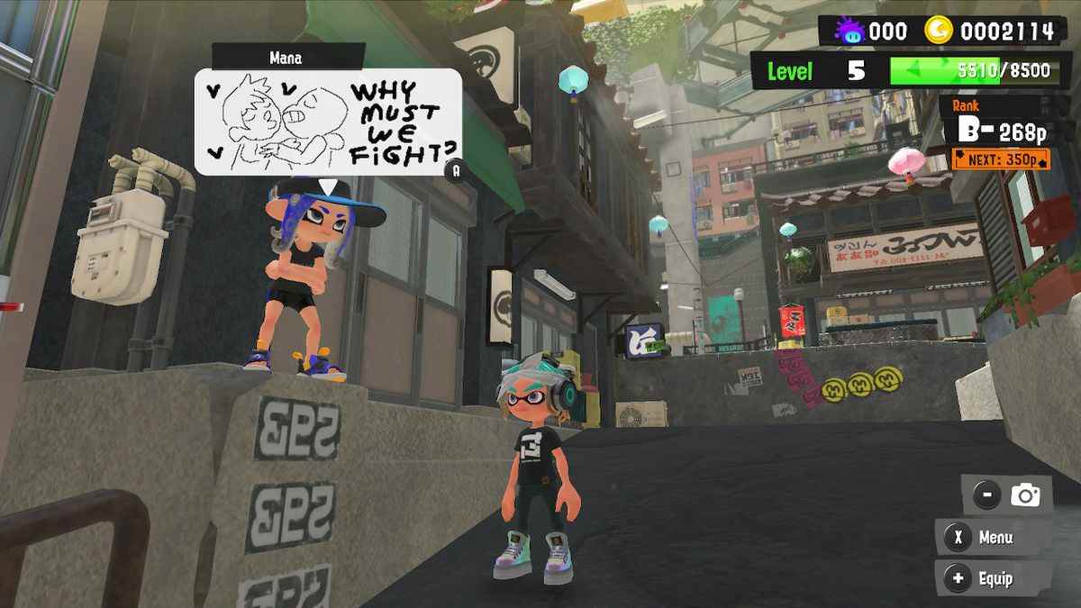 L'avatar d'un joueur affiche son message dans Splatoon 3. Le message présente un dessin de Reigen Arataka de Mob Psycho 100 embrassant Sans d'Undertale et se lit comme suit : 