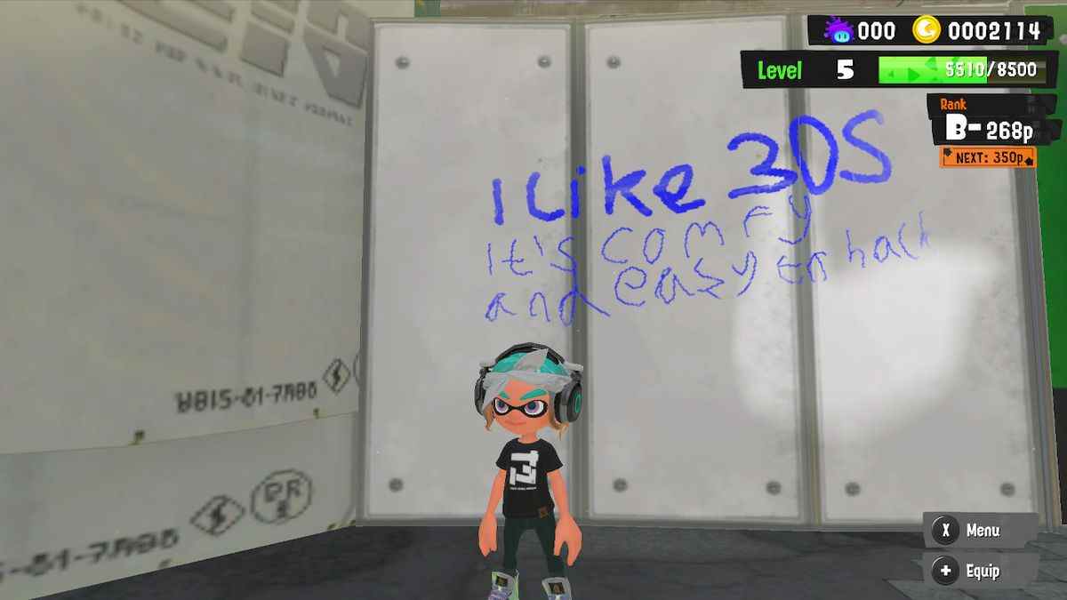 La publication d'un joueur affichée sous forme de graffiti mural dans Splatoon 3. La publication se lit comme suit : 