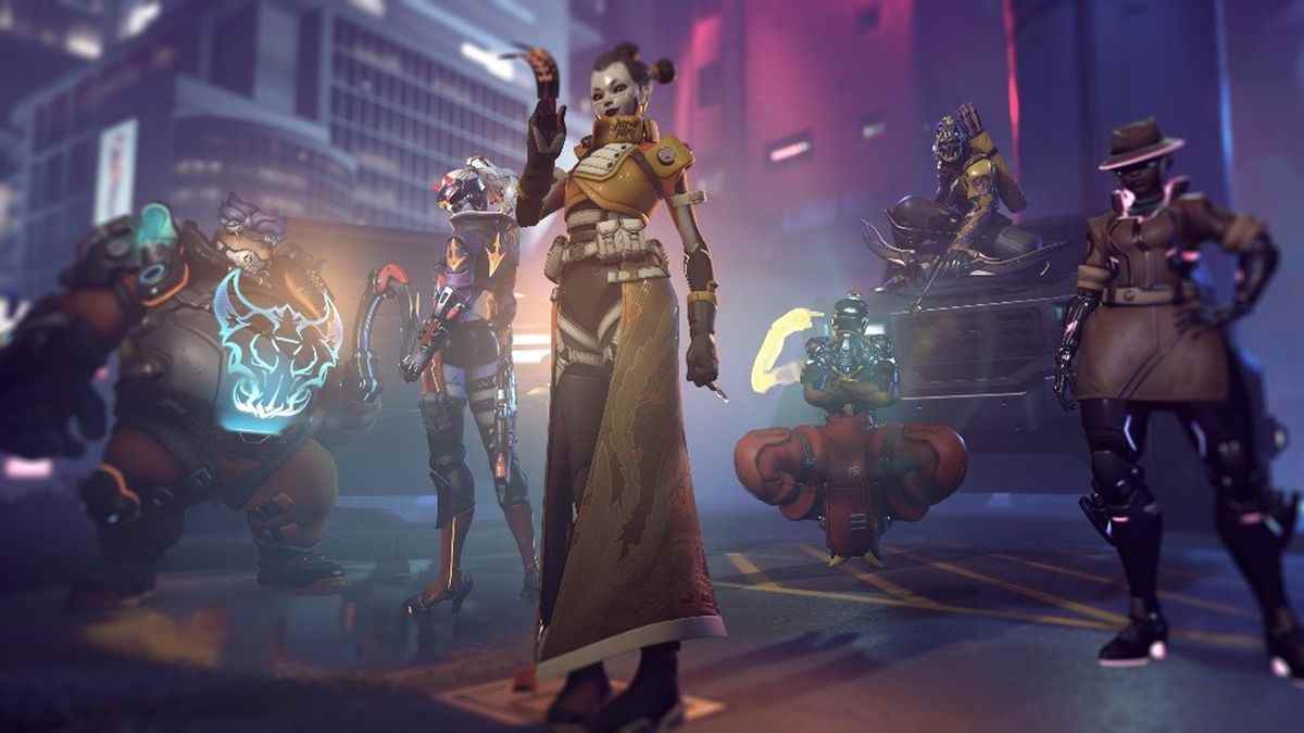 Une capture d'écran d'Overwatch 2 présentant des skins sur le thème du cyberpunk pour Roadhog, Widowmaker, Kiriko, Zenyatta, Hanzo et Sojourn.