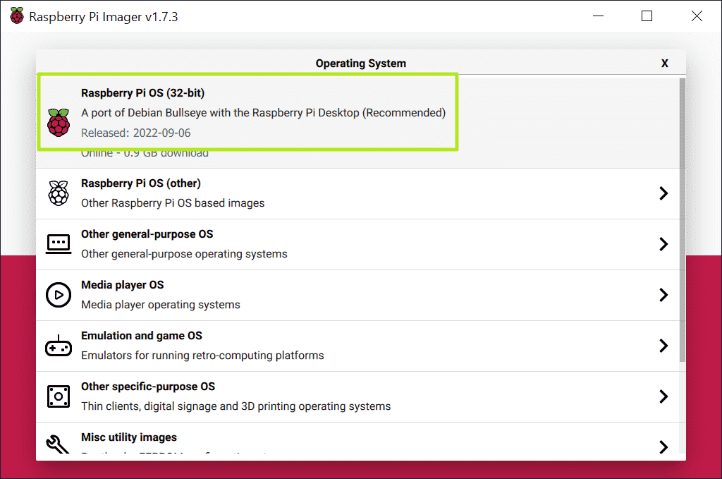 Choisissez Raspberry Pi OS 32 bits