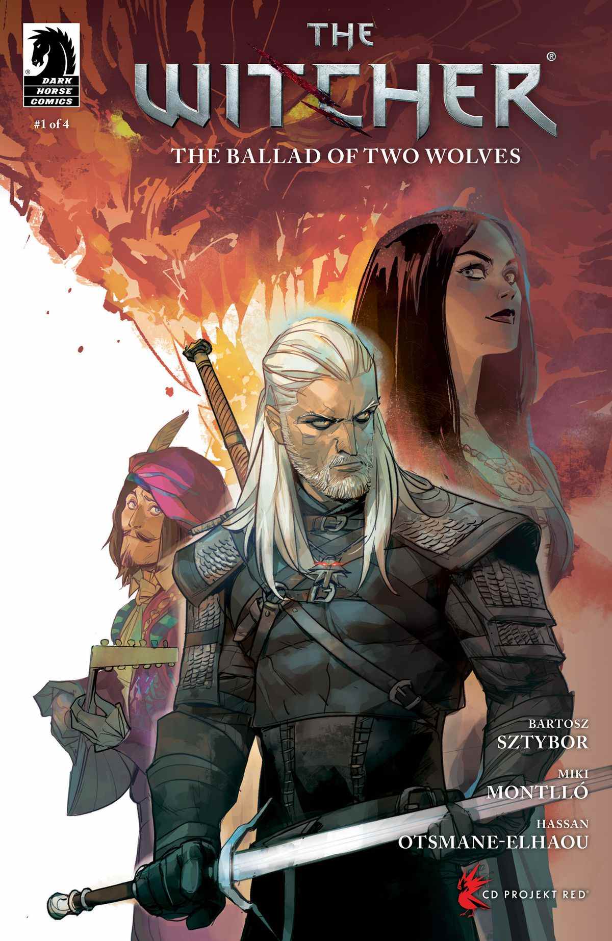 Geralt, Dandelion et ce qui ressemble à Red Riding Hood se tiennent sur un fond blanc devant un loup sur la couverture de The Witcher : The Ballad of Two Wolves #1. 