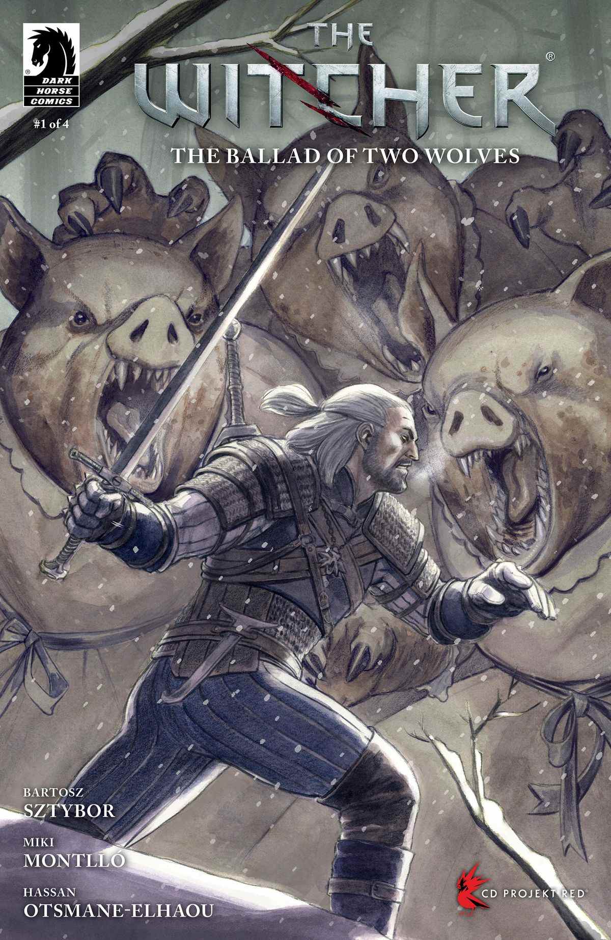 Geralt affronte trois énormes cochons vêtus d'une robe vicieuse sur la couverture de The Witcher: The Ballad of Two Wolves # 1. 