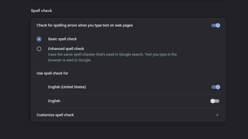 Paramètres de vérification orthographique de Google Chrome