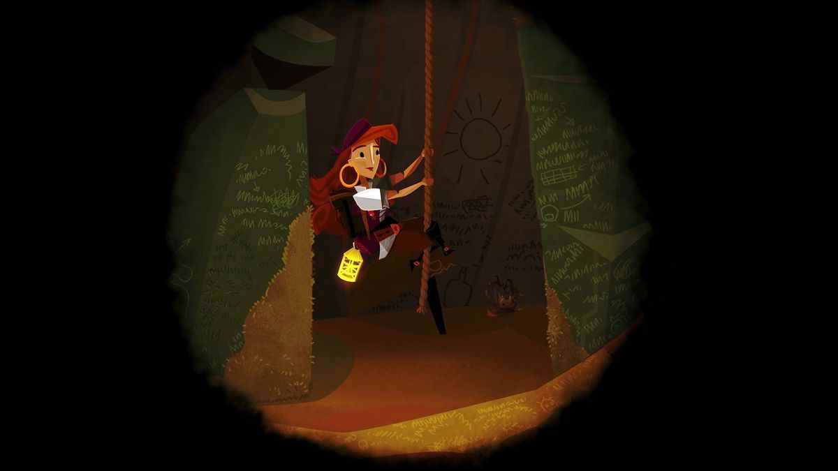 La caméra regarde une femme descendre une corde dans Return to Monkey Island