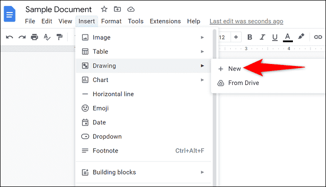 Sélectionnez Insertion > Dessin > Nouveau. » width= »650″ height= »374″ src= »/pagespeed_static/1.JiBnMqyl6S.gif » onload= »pagespeed.lazyLoadImages.loadIfVisibleAndMaybeBeacon(this); » onerror= »this.onerror=null;pagespeed.lazyLoadImages.loadIfVisibleAndMaybeBeacon(this); »/></p>
<p>Une fenêtre « Dessin » s’ouvrira. Ici, dans les éléments de la barre d’outils en haut, cliquez sur l’outil « Zone de texte » (qui est une icône d’une boîte avec un « T » dedans).</p>
<p><img fetchpriority=