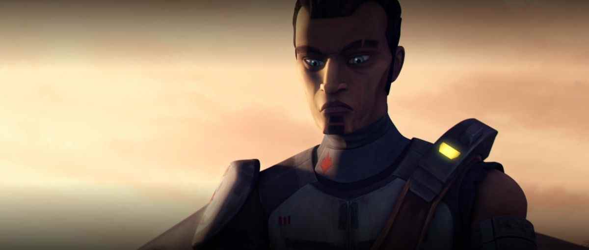 Saw Gerrera baisse les yeux alors que les Jedi entrent dans son camp rebelle dans Star Wars: The Clone Wars