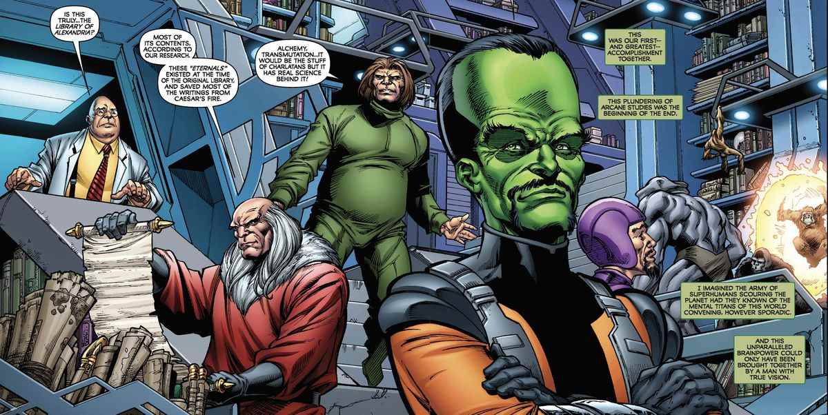 LtR: Egghead, the Red Ghost, the Mad Thinker, the Leader et the Wizard, volant des documents de la Bibliothèque d'Alexandrie depuis le siège des Eternals dans Fall of the Hulks Alpha # 1 (2009).