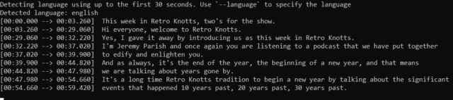 Exemple de sortie de console du programme de démonstration Whisper d'OpenAI lors de la transcription d'un podcast.